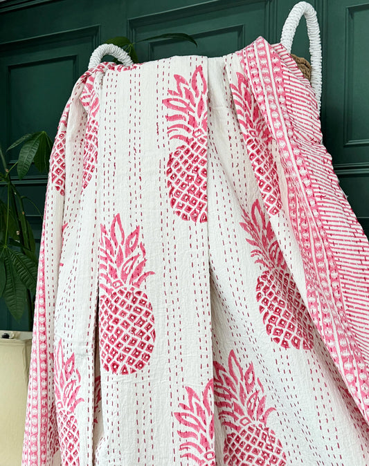 Indian Blankets Summer White Pink Pineapple Stripe Kantha Stitch Bed Throw Dohar Hand-block Artisan Summer
