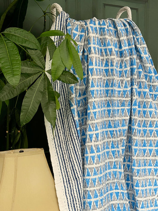 White Blue Geometric Triangle Chevron Wave Stripe Kantha Stitch Bed Throw Dohar Hand-block Artisan Summer