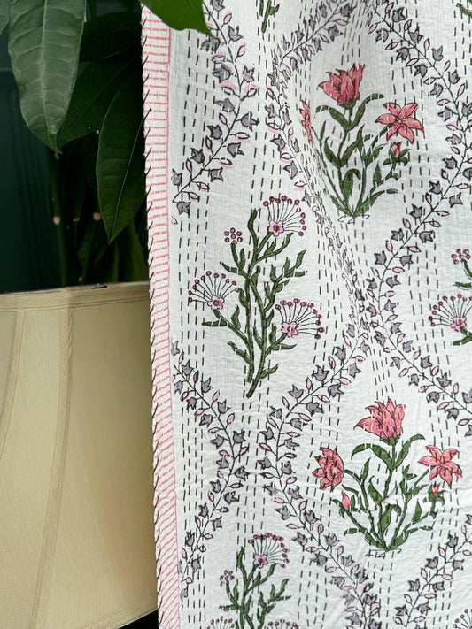 White Lavender Pink Green Twirl Stripe Kantha Stitch Bed Throw Dohar Hand-block Artisan Summer