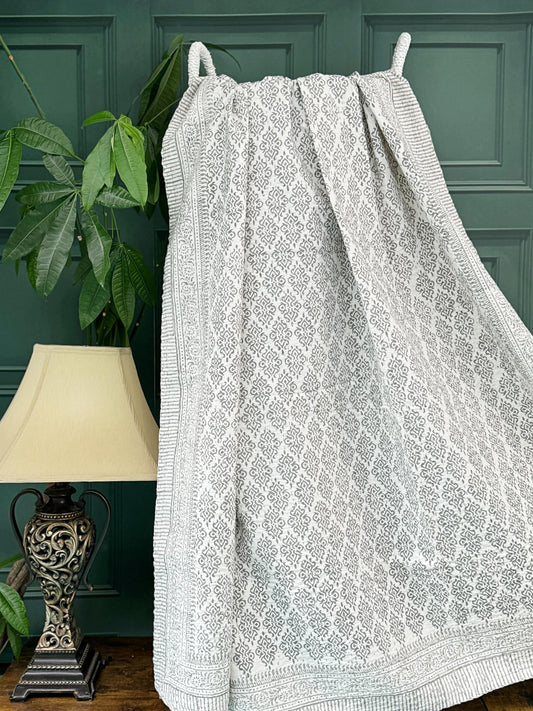 Elegant White Grey Tribal Motif Stripe Kantha Stitch Bed Throw Dohar Hand-block Artisan Summer