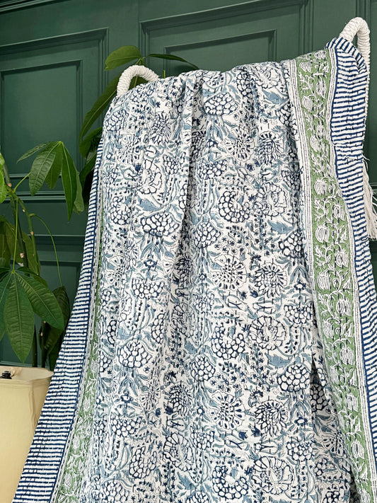 White Blue Garden Petal Leaves Stripe Kantha Stitch Bed Throw Dohar Hand-block Artisan Summer