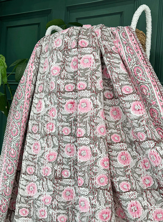 Grey Pink White Rustic Country Floral Stripe Kantha Stitch Bed Throw Dohar Hand-block Artisan Summer