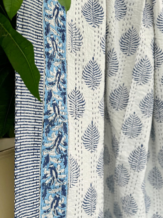 Summer Pastel White Blue Fern Leaf Motif Kantha Stitch Bed Throw Dohar Hand-block Artisan Summer