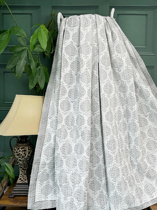 White Grey Tribal Statement Motif Kantha Stitch Bed Throw Dohar Hand-block Artisan Summer