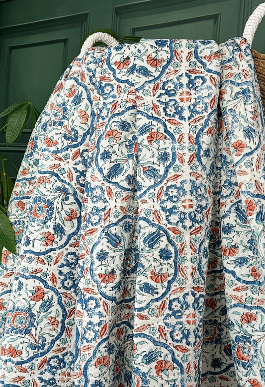 White Blue Rust Pottery Mandala Geometric Kantha Stitch Bed Throw Dohar Hand-block Artisan Summer