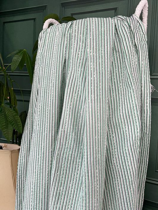 Artisanal Indian Blankets Green White Stripes Kantha Stitch Bed Throw Dohar Hand-block Artisan Summer