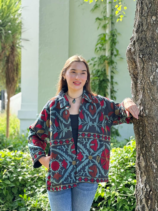 Suzani Hand Embroidered Short Jacket Navy Teal Marroon Slate Aqua Floral