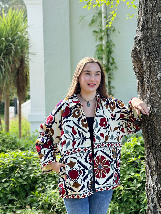 Suzani Hand Embroidered Short Jacket Classic Cream Ruby Red Slate Teal Autumn