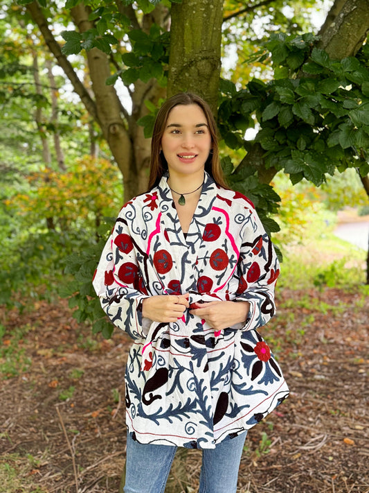 Suzani Hand Embroidered Short Jacket Classic Elegant Cream Plum Blue