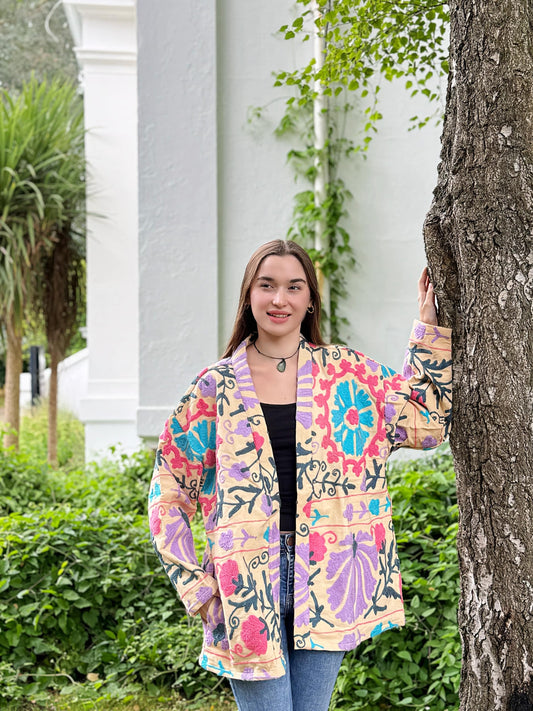 Suzani Hand Embroidered Short Jacket Classic Elegant Beige Pastel Rosy Lilac Aqua