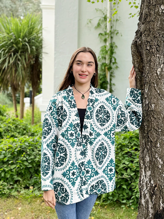 Suzani Hand Embroidered Short Jacket Classic White Teal Green Aqua Hue Geometric Mandala