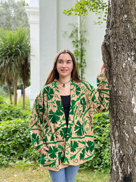 Suzani Hand Embroidered Short Jacket Classic Elegant Beige EmeraldGreen