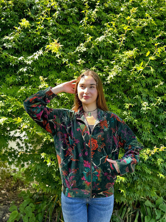 Luscious Luxurious Printed Velvet Jacket Elegant Royal Emerald Green