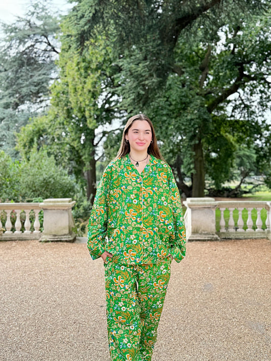 Luxury Hand Printed Indian Blockprint Pure High Quality Cotton With Bright Green Mustard