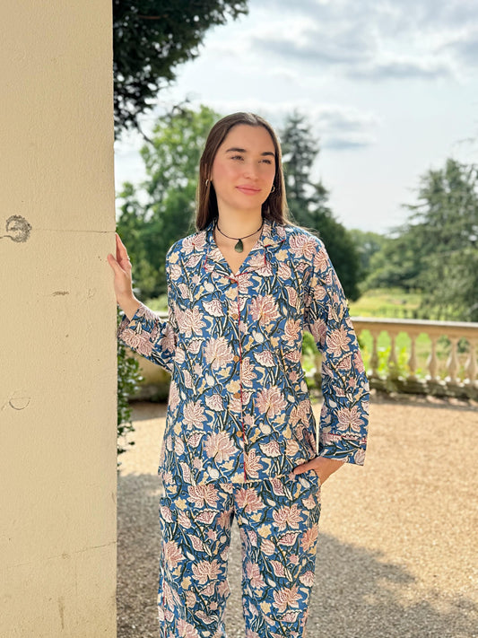 Luxury Hand Printed Indian Blockprint Pure High Quality Cotton With Green And White With Grey Blue Red