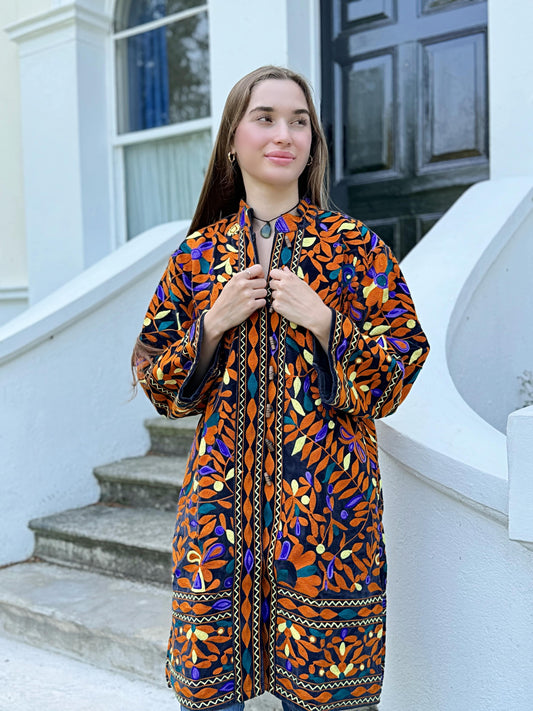 Exclusive Velvet Outdoor Jacket with Hand Embroidery. Tribal Black