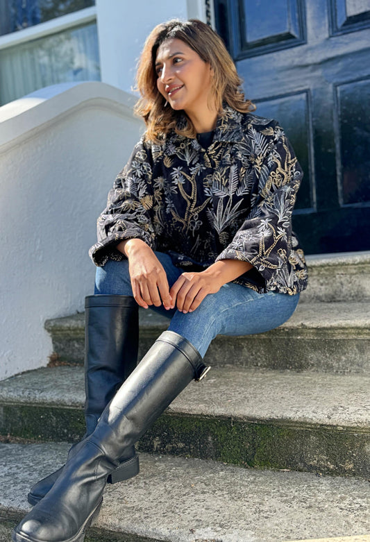 Luscious Luxurious Printed Velvet Jacket Black with silver & Golden embroidery