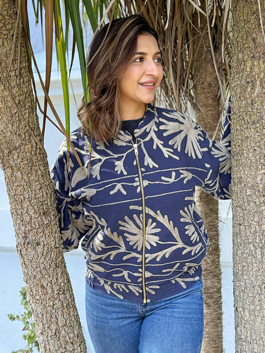 Suzani Hand Embroidered Short Bomber Jacket Navy Taupe