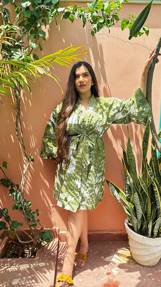 Pure Cotton Handprinted White Green Jungle Knee Length