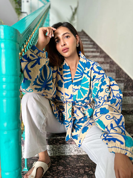 Suzani Hand Embroidered Short Jacket Classic Elegant Mint Blue Hues