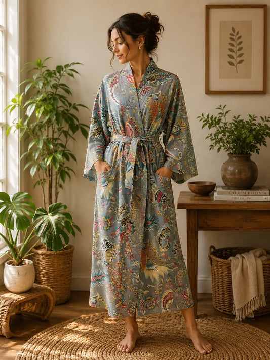 Pure Cotton Indian Block-print House Dressing Robe Kimono | Floral Beach Coverup/Comfy Maternity Mom | Tribal Quirky Summer Pastel Grey