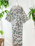 Pure Cotton Handprinted House Robe Tropical Kimono - Pastel White Olive Green Pink Bloom Lotus Beach Coverup/Comfy Maternity