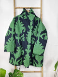 Suzani-Embroidered Fur Jacket with Wooden Buttons Classic Black Forest Green Ikat