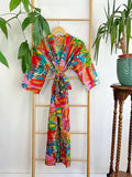 Pure Cotton Indian Block printed House Robe Summer Kimono | Floral Beach Coverup/Comfy Maternity Mom | Orange Burst Green Abstract Graffiti