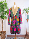 Suzani-Embroidered Fur Jacket with Wooden Buttons Classic Navy Pink Green Beige Floral Leaves