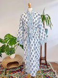 Pure Cotton Handprinted House Robe | Autumn Winter Christmas Vibe Kimono | Floral Coverup/Comfy Maternity Mom | White Blue Paisley