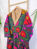 Suzani-Embroidered Fur Jacket with Wooden Buttons Classic Navy Pink Green Beige Floral Leaves