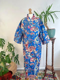 Pure Cotton Handprinted House Robe Tropical Boho Kimono - Bohemian Festival Blue Pink White Exotica Floral Paradise | Beach Cover
