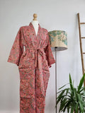 Pure Cotton Kimono in Peach Red Marigold Botanical Bloom