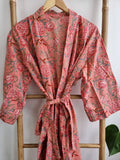 Pure Cotton Kimono in Peach Red Marigold Botanical Bloom