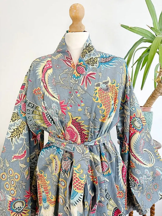 Pure Cotton Indian Block-print House Dressing Robe Kimono | Floral Beach Coverup/Comfy Maternity Mom | Tribal Quirky Summer Pastel Grey