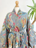 Pure Cotton Indian Block-print House Dressing Robe Kimono | Floral Beach Coverup/Comfy Maternity Mom | Tribal Quirky Summer Pastel Grey