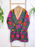 Suzani-Embroidered Fur Jacket with Wooden Buttons Classic Navy Pink Green Beige Floral Leaves