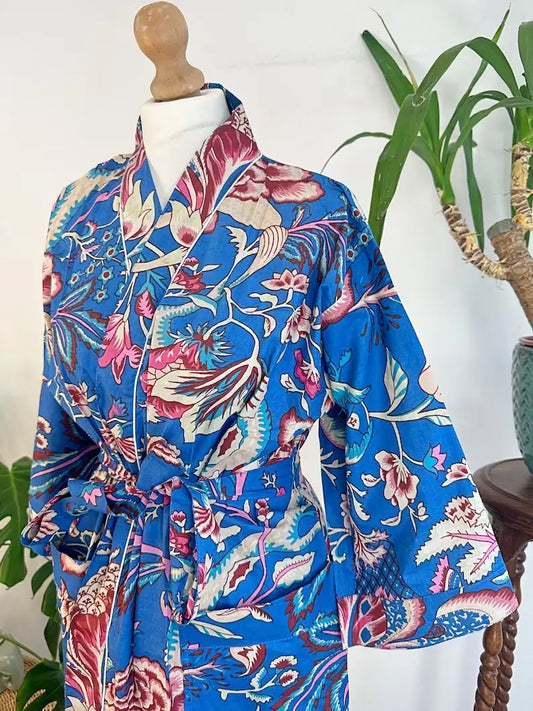 Pure Cotton Handprinted House Robe Tropical Boho Kimono - Bohemian Festival Blue Pink White Exotica Floral Paradise | Beach Cover