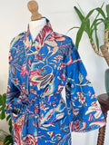 Pure Cotton Handprinted House Robe Tropical Boho Kimono - Bohemian Festival Blue Pink White Exotica Floral Paradise | Beach Cover