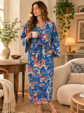 Pure Cotton Handprinted House Robe Tropical Boho Kimono - Bohemian Festival Blue Pink White Exotica Floral Paradise | Beach Cover