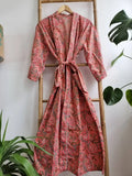 Pure Cotton Kimono in Peach Red Marigold Botanical Bloom