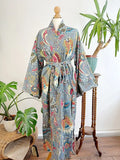 Pure Cotton Indian Block-print House Dressing Robe Kimono | Floral Beach Coverup/Comfy Maternity Mom | Tribal Quirky Summer Pastel Grey