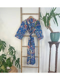 Pure Cotton Handprinted House Robe Tropical Boho Kimono - Bohemian Festival Blue Pink White Exotica Floral Paradise | Beach Cover