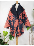 Suzani-Embroidered Fur Jacket with Wooden Buttons Classic Black Peach Orange Ikat