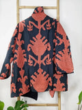 Suzani-Embroidered Fur Jacket with Wooden Buttons Classic Black Peach Orange Ikat