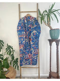 Pure Cotton Handprinted House Robe Tropical Boho Kimono - Bohemian Festival Blue Pink White Exotica Floral Paradise | Beach Cover