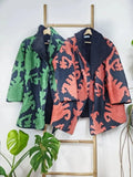 Suzani-Embroidered Fur Jacket with Wooden Buttons Classic Black Forest Green Ikat