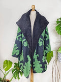 Suzani-Embroidered Fur Jacket with Wooden Buttons Classic Black Forest Green Ikat