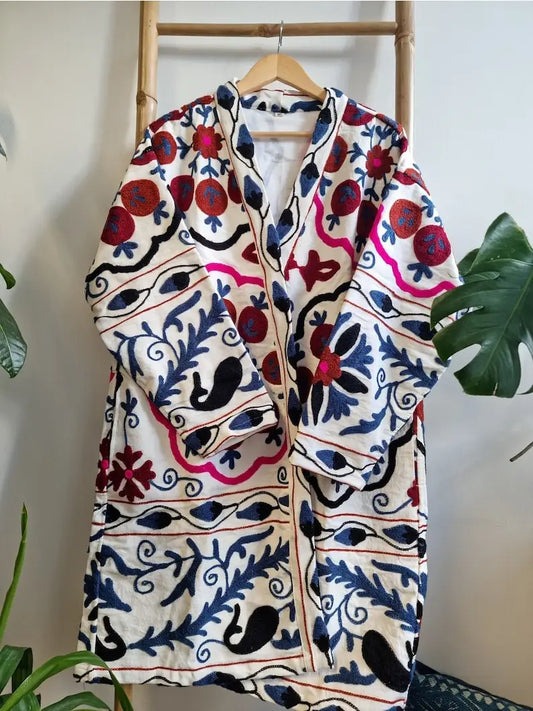 Suzani Hand Silk Thread Embroidered long length Kimono Classic White Plum Pink Blue