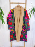 Suzani-Embroidered Fur Jacket with Wooden Buttons Classic Navy Pink Green Beige Floral Leaves